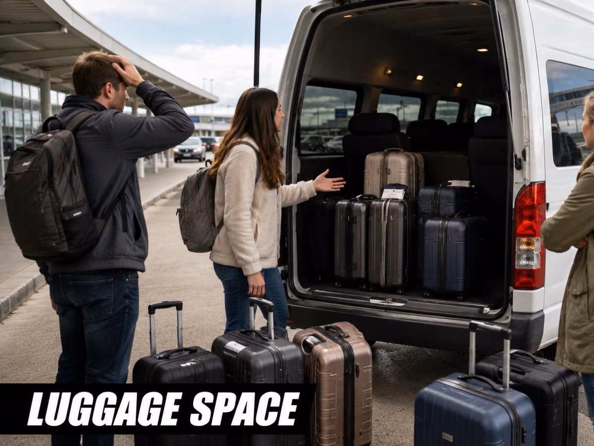 Travelers standing with suitcases at the open rear hatch of a van.