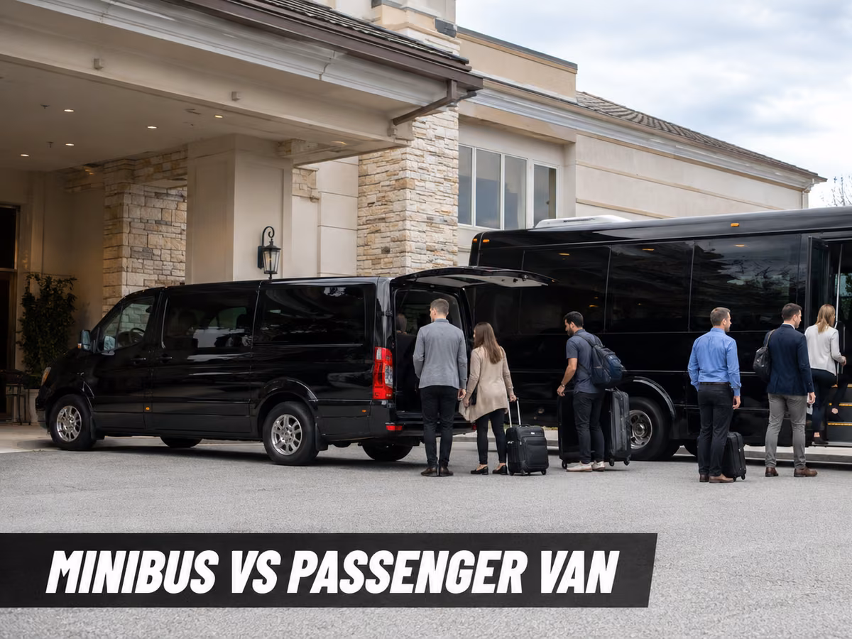 A group with luggage boarding black passenger vans outside a hotel entrance.