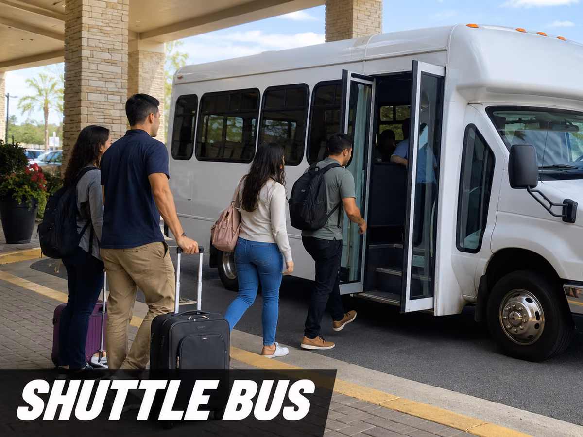 Passengers with rolling suitcases boarding a white shuttle bus at a covered entrance.