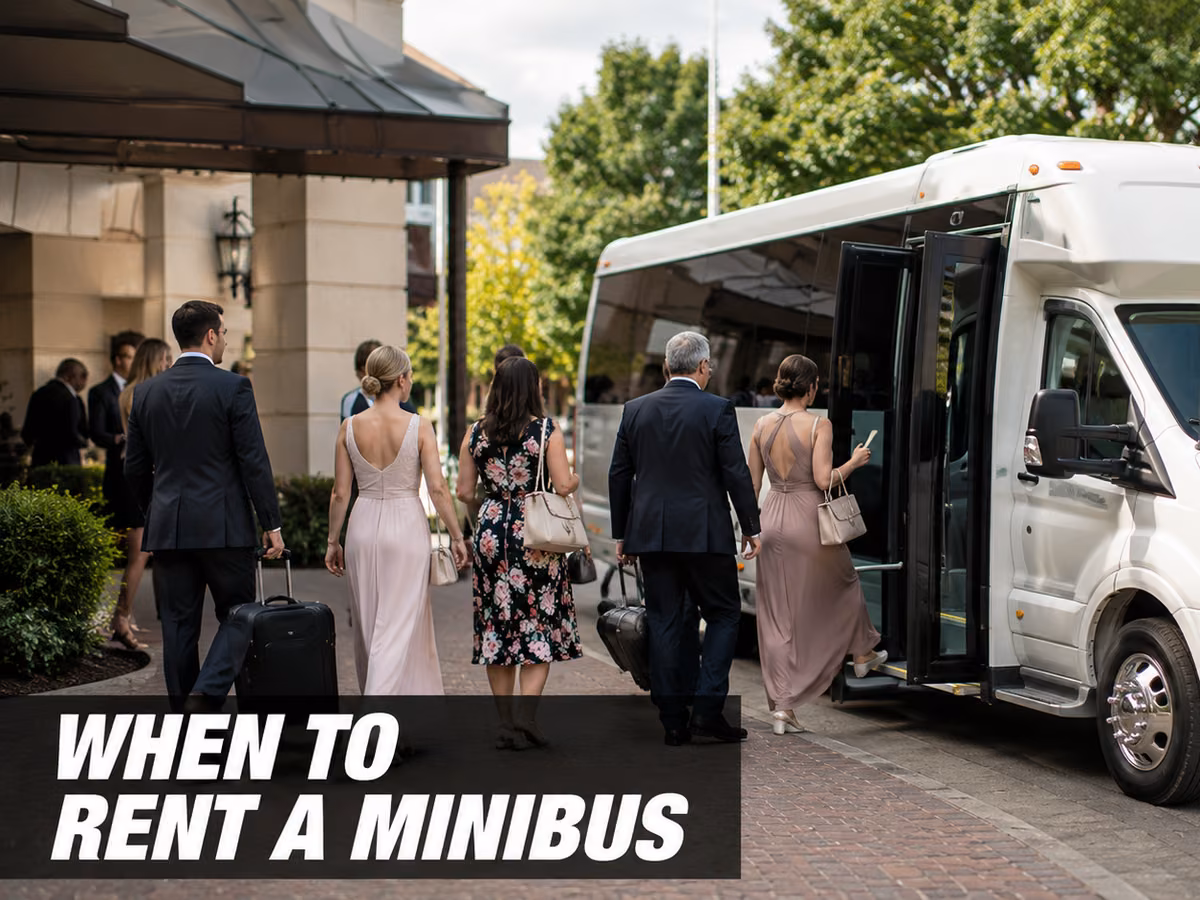 A wedding party in formal dresses and suits boarding a white minibus.